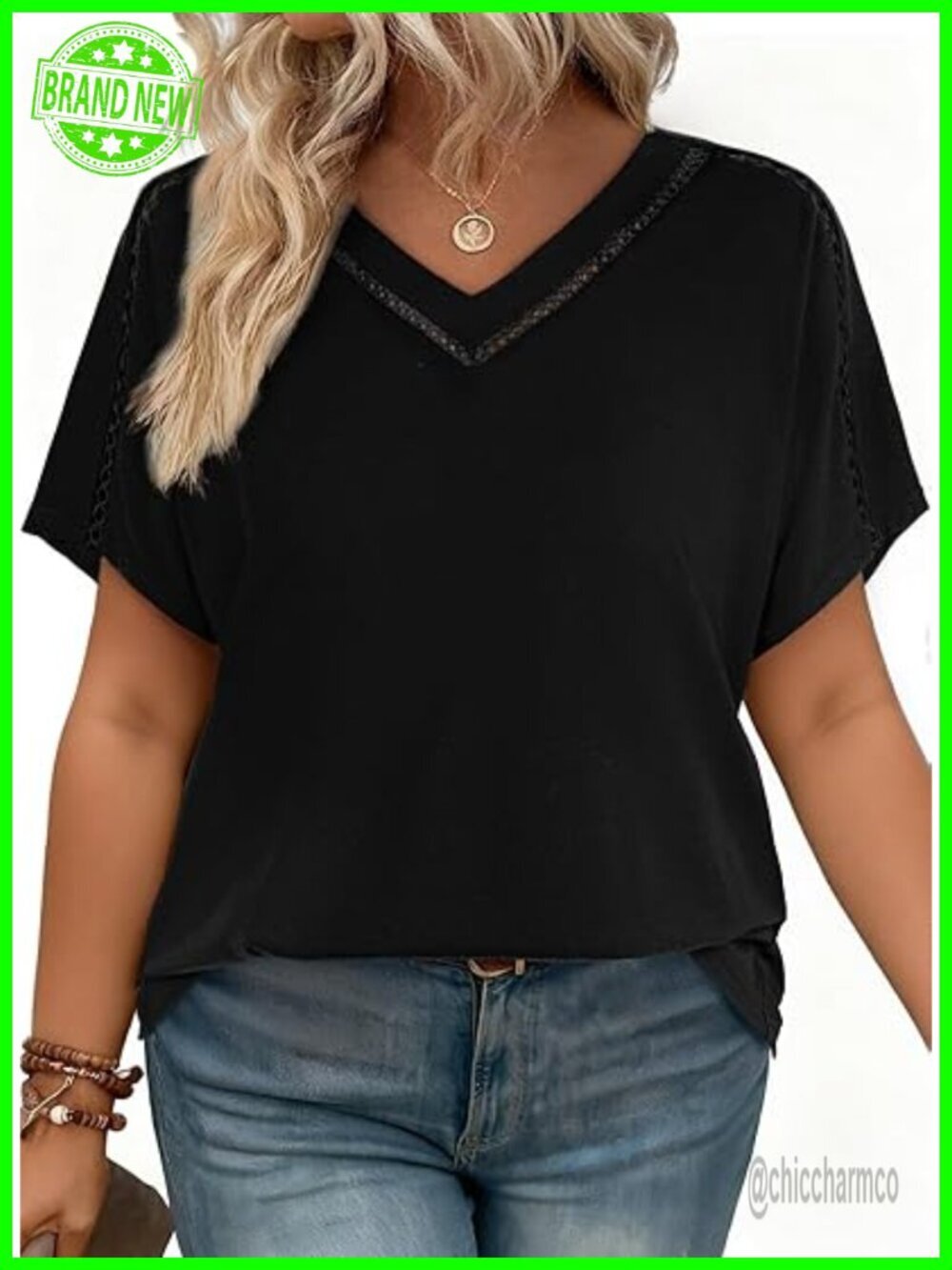 Plus Size V-Neck Short Sleeve Casual Loose Blouses with Lace Trim